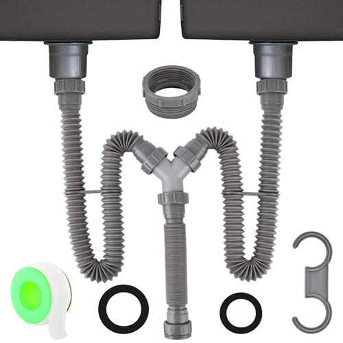 Flexible Sink Drain Pipe 1-1/2 inch for Double Sink Drain, Expandable All-In-One-Drain Kit for Double Bowl Sinks with Sealing Ring, Tape, and Tubing for Kitchen, Bathroom(as shown)