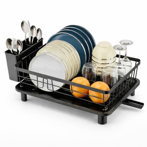 ToughHub Dish Drainer Rack with Drip Tray – Space Saving Metal Dish Drying Rack for Kitchen Counter, Sink Dish Drainer with Drainage Spout, Utensil Holder, Cup Holder & Cutting Board Holder, Black