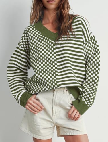 Image of UNCLECAT Womens Striped Checkered Sweater V Neck Fall Trendy Pullover Tops