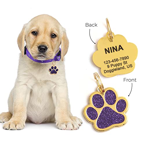 Custom Gold Pet Id Tags Sparkly Paw Shape Personalized Shiny Dog Glitter Silent Cute Dog Tag For Puppies Laser Engraved Name And Phone Number Identification #TOP2