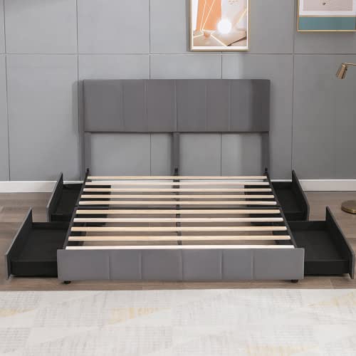 Zafly Platform King Size Bed Frame With Adjustable Headboard,Upholstered Cal King Bed Frame With 4 Storage Drawers,Wooden Slats Support,No Box Spring Needed (Dark Grey) #TOP2