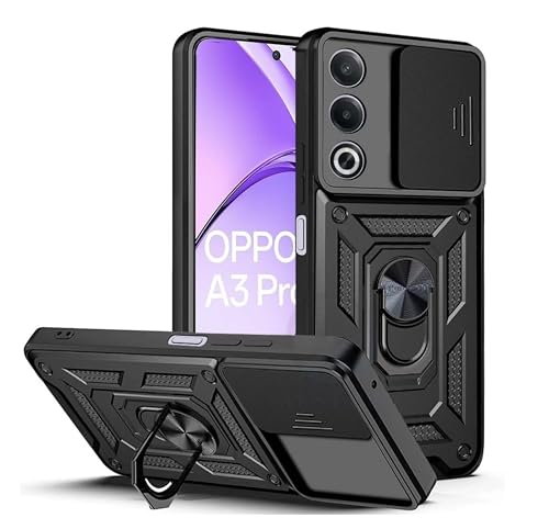 Image of SPAZY CASE Oppo A3 Pro 5G Back Case | Heavy Duty Hybrid Case with 360 Degree Rotating Finger Ring Holder + Slider Shutter Camera Protection Cover for Oppo A3 Pro 5G 5G - Black