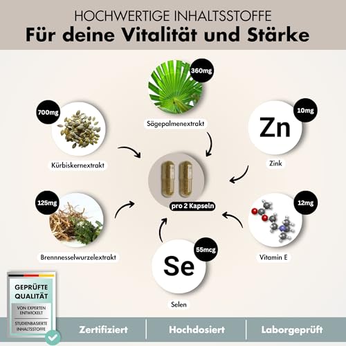 Prosta Plus Komplex - 180 Prostata Kapseln hochdosiert - einzigartige Formel aus Kürbiskern-, Sägepalmen-, Brennnesselwurzelextrakt mit Zink, Vitamin E & Selen - geprüfte Prostata Komplex Kapseln