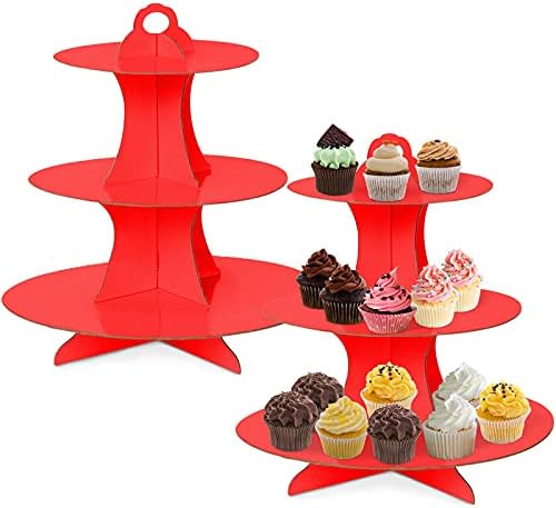 Soporte para cupcakes, paquete de 2 platos redondos de cartón de 3 niveles para postres, pasteles de frutas, soporte para base de cupcakes, bandeja