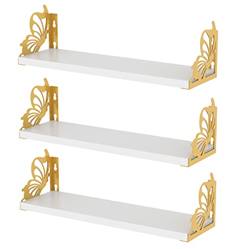 Hoikwo 3 Pack Butterfly Wall Shelves, White Gold Floating Book