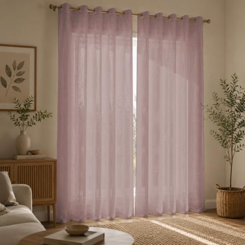 Image of LINENWALAS Aesthetic Sheer Curtains 5 Feet Long Set of 2, Poly Linen Shrink & Fade Proof Drapes for Window, Semi Transparent Modern Panels with Grommet Hanging for Living Room (Baby Pink /5 Feet)