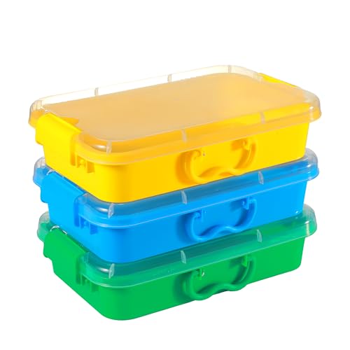 Image of Sensory Bin with Lid for Toddlers 3 Pack 12.8 in, Stackable toy bins | Carolart Durable Plastic Sandbox for crafts, easy stack activity containers for sand, crafts, puzzles and toys