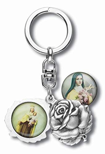 Religious Gifts Silver Tone Saint Therese with Our Lady Mt Carmel Sliding Rosebud Medal Key Chain,...