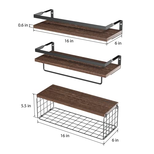 Floating Shelves With Storage Basket, Bathroom Shelves Over Toilet Paper Holder Storage Shelves, Wall Mounted Rustic Wood Shelves For Bathroom, Bedroom, Living Room, Kitchen(Brown, Set Of 3) #TOP2
