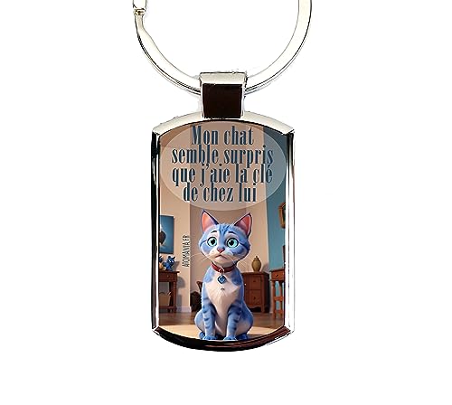Porte-clés Atomania humoristique : Chat surpris, 7,5 x 3 cm, métal argenté, idée-cadeau avec...