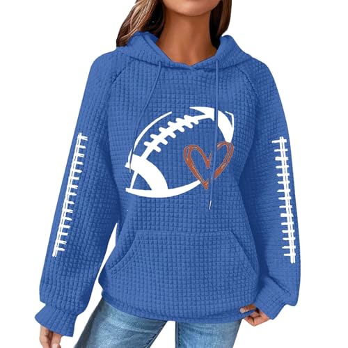 Football Hooded Sweatshirt for Women Funny Football Graphic Shirt Waffle Knit Pullover Hoodies Long Sleeve Sweatshirts