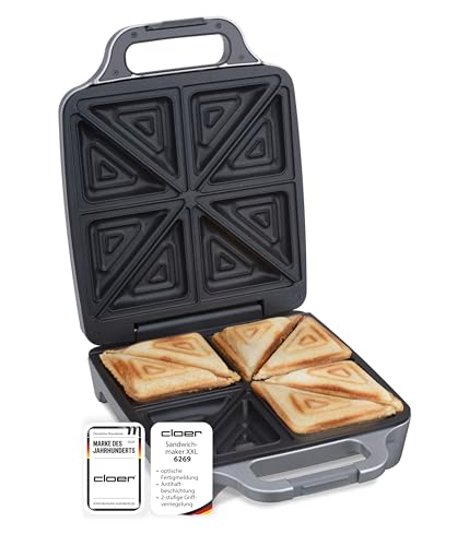 Cloer 6269 Sandwichmaker XXL, 1800 W, für 4 Sandwiches, American Toast, XXL-Füllung, optische Fertigmeldung, Silber