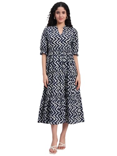Image of PIDAVLIYA'S Women's Floral Summer Maxi Dress I Cotton Printed I One Piece Bodycon Midi Dress with V-Neck, Puffed Sleeves