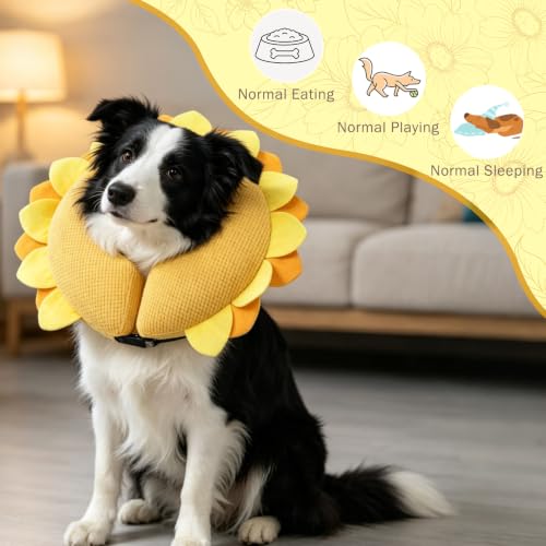 Image of SCENEREAL Inflatable Dog Cone Collar Alternative After Surgery | Soft Cone Collar for Large Dogs, Adjustable Recovery Donut to Prevent Licking, Sunflower Print E-Collars,L