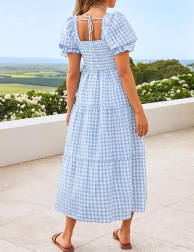 Image of ZESICA Women's 2026 Boho Summer Dresses Gingham Puff Sleeve Square Neck Flowy Beach Midi Dress
