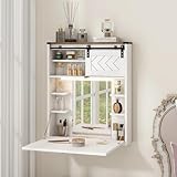ARTETHYS Floating Vanity Desk with Mirror and Lights Small Wall Mounted Makeup Set with Storage White Farmhouse Dressing Table for Tiny Space