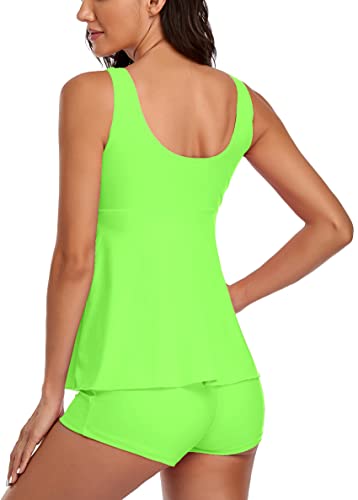 Omichic Modest Tankini Swimsuits For Women Two Piece Tummy Control Bikini Bathing Suits Tank Top With Boyshorts Neon Green #TOP2