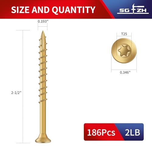 Image of #9 x 2-1 /2 inch Deck Screws (186Pcs) 2lb. Exterior Wood Screws. Carbon Steel, Tan, Flat Head, Rust Resistant epoxy Coated, with T25 Star Bit
