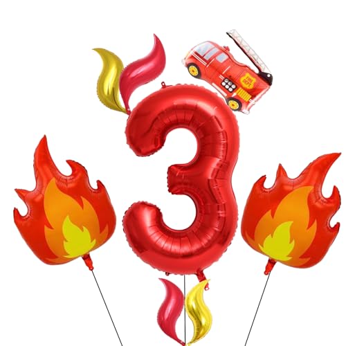JKGOO Fire Truck Birthday Party Decorations – Firefighter Balloon Set with 40inch Red Number 3st Birthday Balloon, Fire Truck, Flames, and Ribbon – Firefighter Theme Party Favors (Number 3)