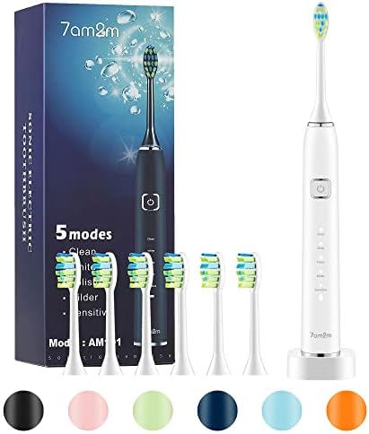 7AM2M Sonic Electric Toothbrush with 6 Brush Heads for Kids and Children, One Charge for 90 Days, Wireless Fast Charge, 5 Modes with 2 Minutes Build in Smart Timer, Electric Toothbrushes(White)