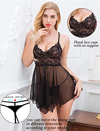 Avidlove Women Babydoll Set Mesh Lingerie Strap Chemise Lace Sleepwear Outfits Black Medium #TOP4