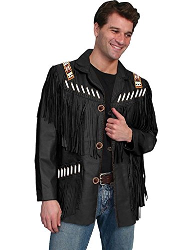 Scully Men's Bone Beaded Fringe Leather Jacket Black 46 REG