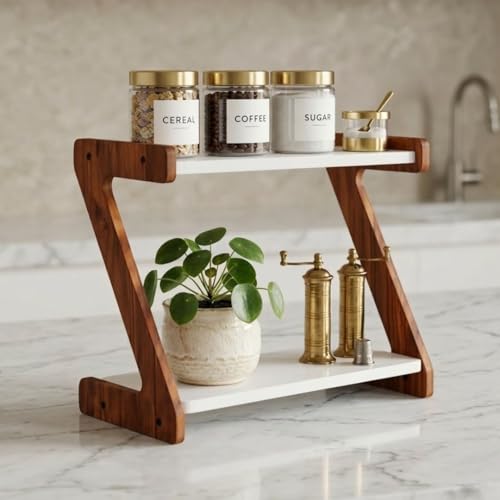 Image of Kitchen Organizer Rack - Multi-Purpose Kitchen Stand for Countertop & Cabinet Storage | Heavy-Duty Kitchen Rack Organizer for Spices, Utensils, Dishes & Pantry Items (2 Tier Z shape Rack)
