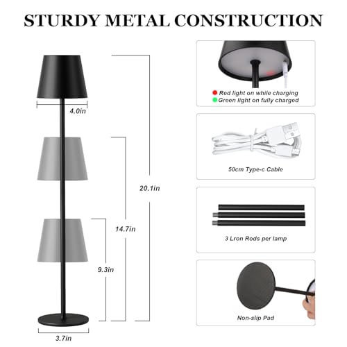 Image of Kakanuo 20 inch Cordless Table Lamp Rechargeable Black - 2 Pack 5000mAH Battery Operated Lamp for Counter, 3 Color Stepless Dimming Wireless Lamp for Dining Kitchen, Outdoor Patio, Touch Control
