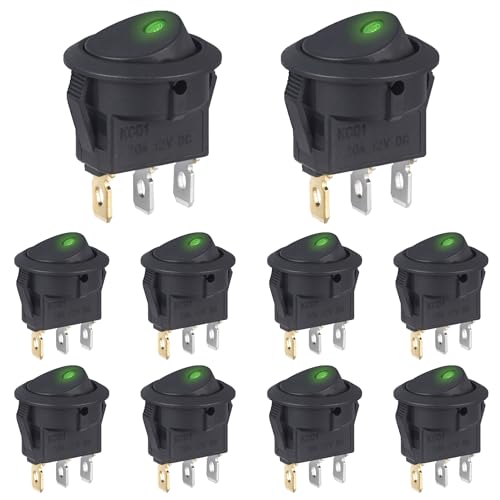 VEXUNGA Interrupteur 12V 20A Voyant Lumineux LED Vert Interrupteurs à Bascule Rond 12 Volts ON/OFF 2Positions Marche/Arret 3Broches Commutateur Bouton pour Voiture Automobile (10 Pièces)