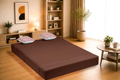 Image of Two Seater Sofa Cum Bed Jute Fabric 4 X 6 Ft| Space Saving Foldable Sofa Bed for Living Room & Guest Room | Comfortable Multi-Functional Furniture - Brown
