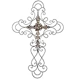 Adeco Black Scrolled Flower Cross Metal Wall Decor - Art Oblong Living Room Home Decoration - 27.5x18 Inches