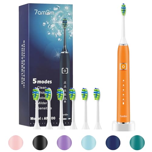 7AM2M Sonic Electric Toothbrush with 6 Brush Heads for Adults and Kids, One Charge for 90 Days, Wireless Fast Charge, 5 Modes with 2 Minutes Build in Smart Timer, Electric Toothbrushes(Orange)