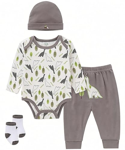 Image of NNYX Newborn Baby Boy Girl Clothes Set 100% Cotton 4Pcs Outfit for 0-12 Months, Unisex Long Sleeve Bodysuit, Pants, Hat, Bib, Socks,Newborn Baby Gift Set for Spring Autumn Winter