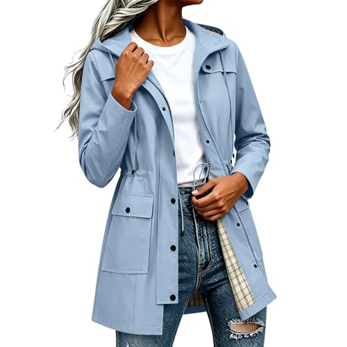 Image of Znwerma waterproof jackets for women uk Waterproof Jacket Lightweight for Women Ladies Windbreaker Rain Coats Full Zip Hooded Long Raincoat Casual Hiking Walking Outwear Light Blue
