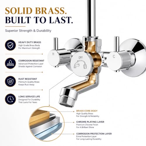 Image of iRiS Full Brass Wall Mixer Tap with Overhead Shower System Set | 100% Brass Bathroom Faucet with 125mm Long Bend Pipe | Chrome Finish Wall-Mounted Hot & Cold Water Mixer
