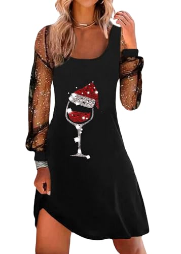 shownicer Weihnachtskleid Damen Weihnachten Rot Weinglas Druck Minikleid Sexy Mesh Partykleid Lose Rundhals Langarm Kleider Herbst Winter Christmas...