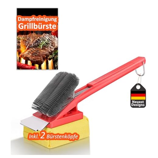 Grillbürste mit Dampfreinigung Kopf, Grill Bürste mit Edelstahl Brushborsten, Edelstahl Spatel und Extra Langer Wärmedämmung Griff, für Alle Grill | Rot