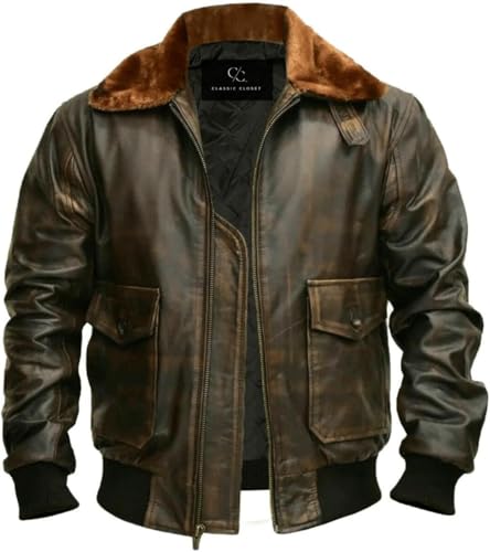 Image of Mens A2 Aviator Cockpit Bomber Leather Jacket - Distressed Pilot Jackets - G1 Fur Collar Flight Leather Jacket