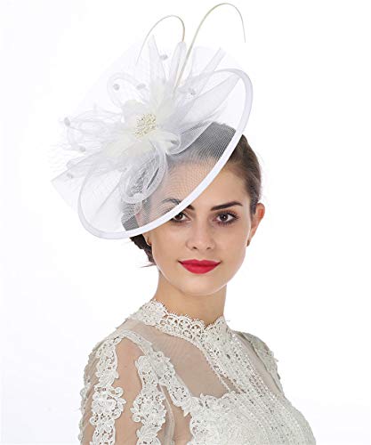 Lucky Leaf Women Girl Fascinators with Hair Clip Hairpin Hat Bowknot Feather Flower Veil Cocktail Wedding Tea Party Hat (8-White) - Thumbnail 2