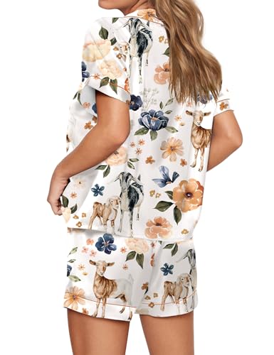 Image of SHESHOW Satin Pajamas for Women Set Preppy Animals Pjs Short Sleeve Shorts 2 Piece Loungewear Sets XS-XXL