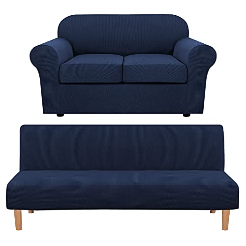H.VERSAILTEX 3 Piece Stretch Sofa Covers for 2 Cushion Couch Bundles Armless Futon Cover, Navy