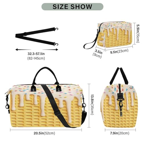 Yellow Ice Cream Waffle Summer Travel Duffle Bag Gym Bag Weekender Bags with Toiletry Bag Travel Trip Tote Bag3