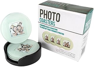 Glass Photo Frame Picture Coasters Circle with Wood Storage Rack (Set of 4)
