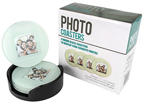 Glass Photo Frame Picture Coasters Circle with Wood Storage Rack (Set of 4)