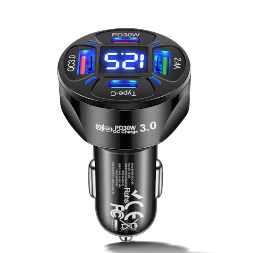 Alanph Multi Port USB C Car Phone Charger Adapter with Voltmeter, 4 in 1 100W Fast Charging Cigarette Lighter USB Charge for iPhone 16 15 14 13 12 11, Android, Samsung, iPad Pro (Black)