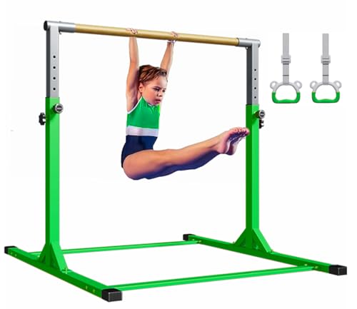 MEKETUM Gymnastic Kip Bar for Kids Training Horizontal Bars for Home Ages 3-15 Adjustable Height Non-Slip Gym Equipment Indoor with Rings (Green) by MEKETUM - Used condition - US$69.99