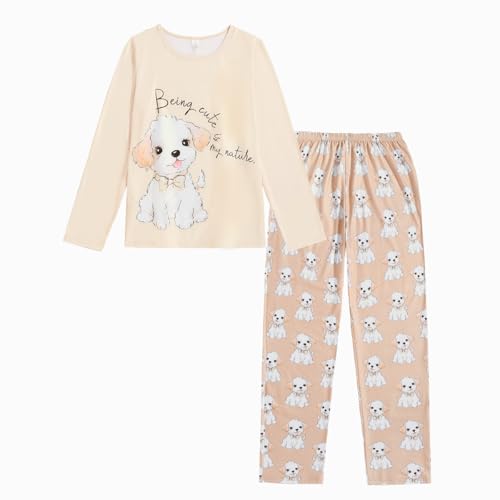 VENTELAN Women Pajamas Cute Christmas Bear Sleepwear Long Sleeve Stripes Loungewear Small Dog