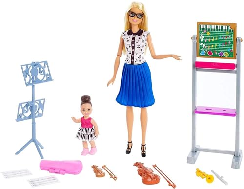 Barbie Music Teacher Doll, Blonde, and Playset with Flipping Chalkboard, Student Small Doll and 4 Musical Instruments