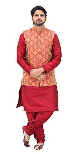 Image of Men's Silk Kurta Pyjama With Waistcoat