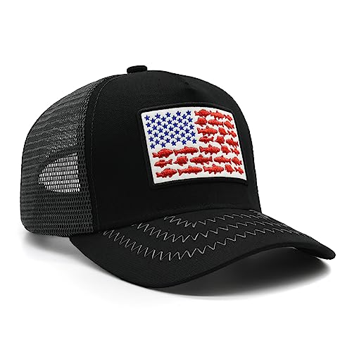 Waldeal Fish Flag Trucker Hat, American Flag Embroidered Adjustable Snapback Mesh Baseball Cap For Men Women Black #TOP2